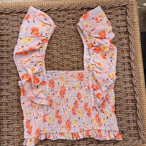 Floral Smocked Crop Top - Orange and Yellow